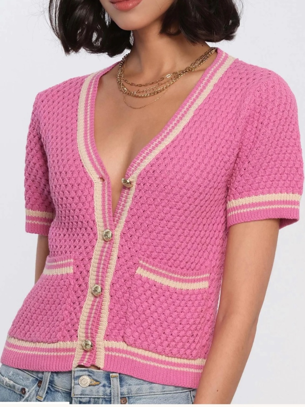 Heartloom Salinas Cardi Pink Short Sleeve Sweater White Detail Button Front XS